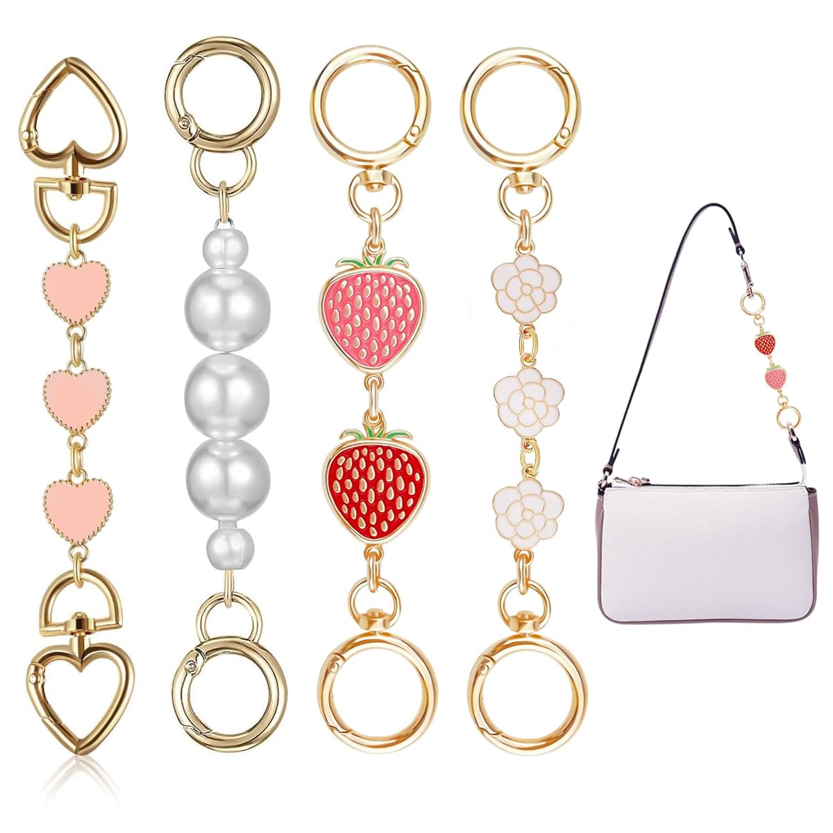 PALAY 4Pcs Purse Chain Bag Strap Extender Gold Cute Heart Shape Pearls Flower Handbag Chain Strap Replacement Fashion Bag Extension Chain for Bags, Purse, Sling Bag (5.7-6.7 In) PALAY 4Pcs Purse Chain Bag Strap Extender Gold Cute Heart Shape Pearls Flower Handbag Chain Strap Replacement Fashion Bag Extension Chain for Bags, Purse, Sling Bag (5.7-6.7 In)